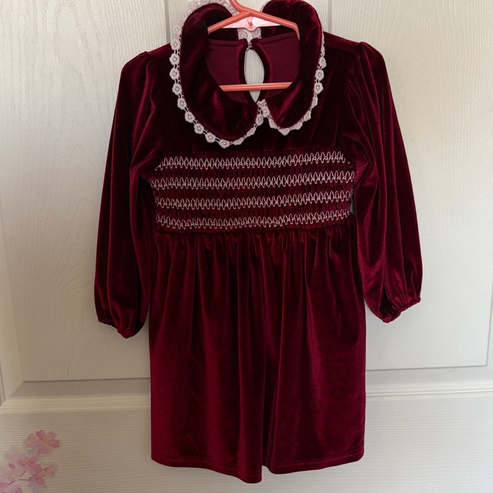 Velvet Burgundy Dress with Lace Collar for 3T